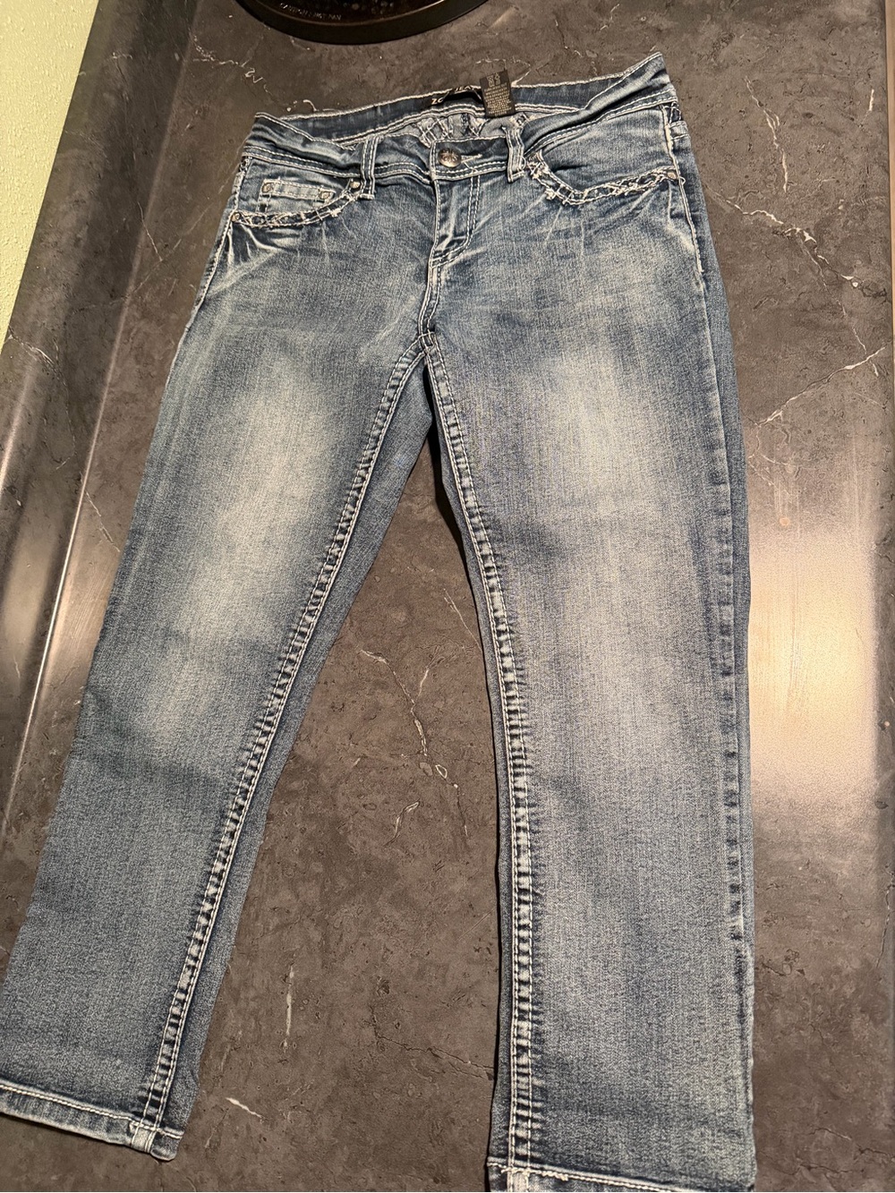 ZCO Denim Blue Jeans Jrs Sz 7  Skinny Low Rise Dark Stone Wash Stretch Fashion